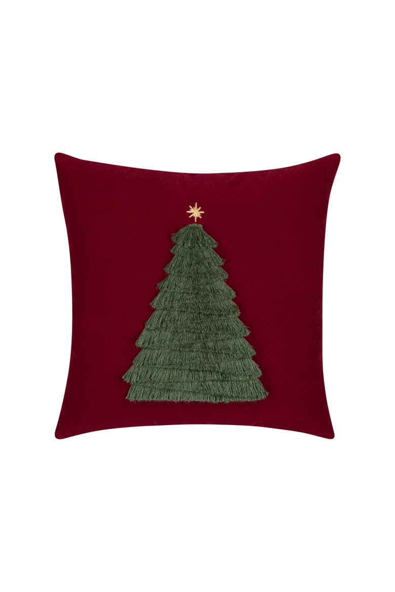 Fraser Fir Handmade Applique Woven Accent Holiday Pillow, Main, color, Ruby