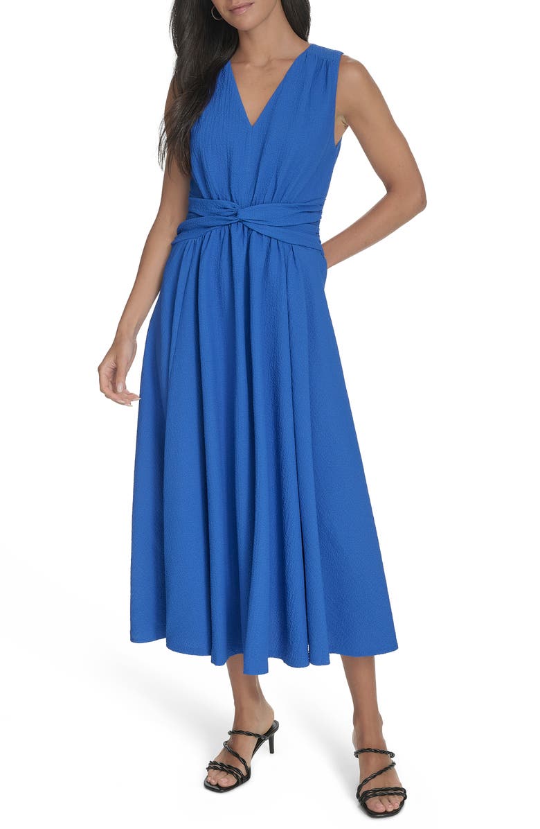 Calvin Klein Sleeveless Knotted Waist Gauze Midi Dress, Main, color, Capri