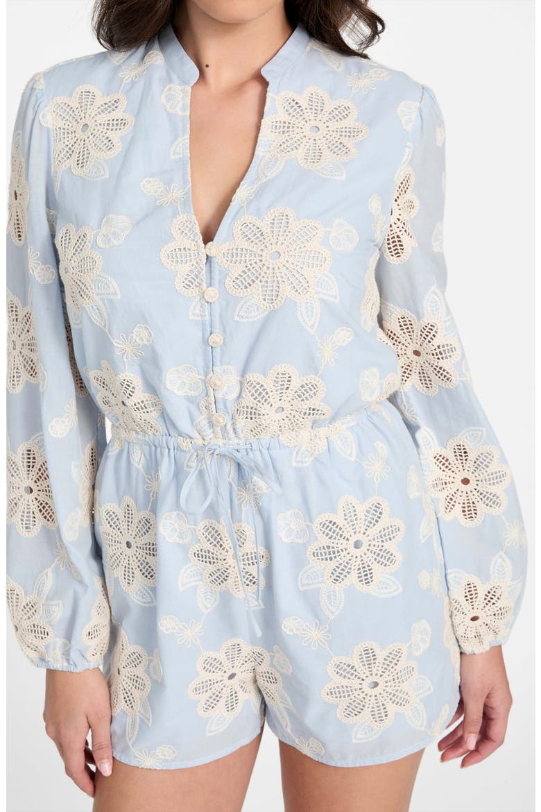 Hazel Floral Embroidered Long Sleeve Cotton Voile Romper, Alternate, color, BLUE