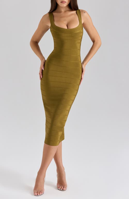 House Of Cb Of Cb Womens The Sculpt Halter-neck Bandage Stretch-woven Midi Dress Olive In Green