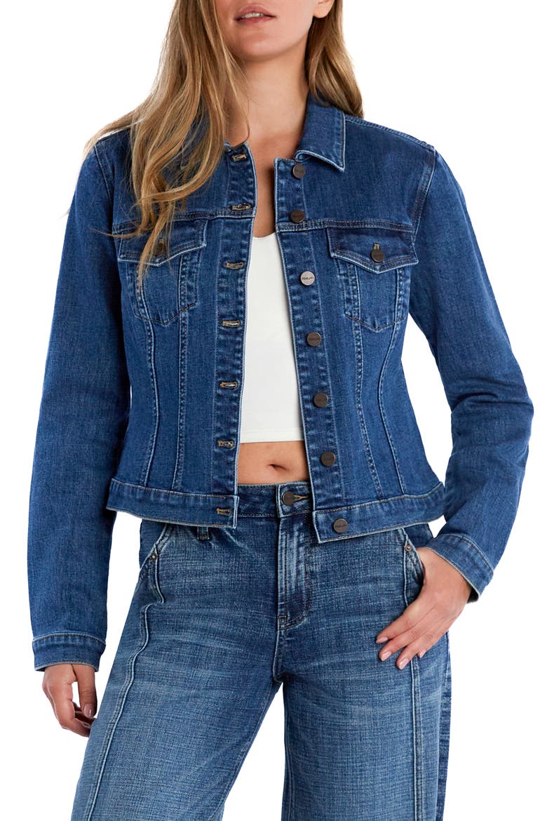 Sleek Stretch Denim Trucker Jacket, Main, color, GRAVITY BLUE