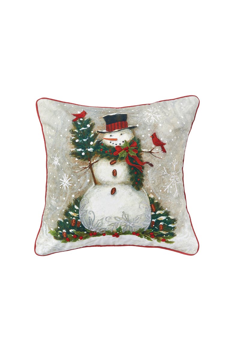 Woodland Snowman Cotton Blend Printed Accent Throw Pillow 18" x 18", Main, color, Green