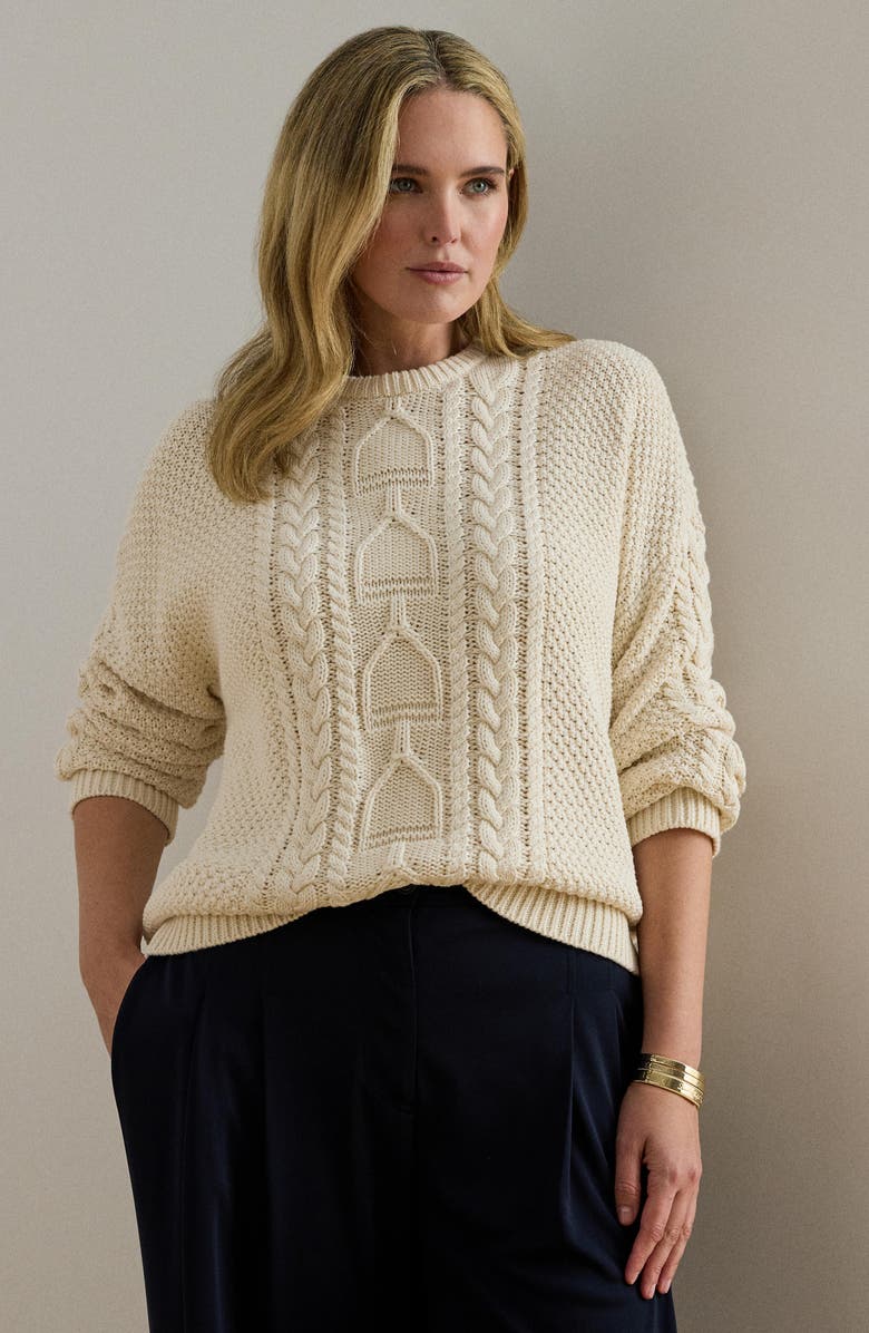 Lauren Ralph Lauren Rexden Cable Stitch Cotton Crewneck Sweater, Alternate, color, Mascarpone Cream
