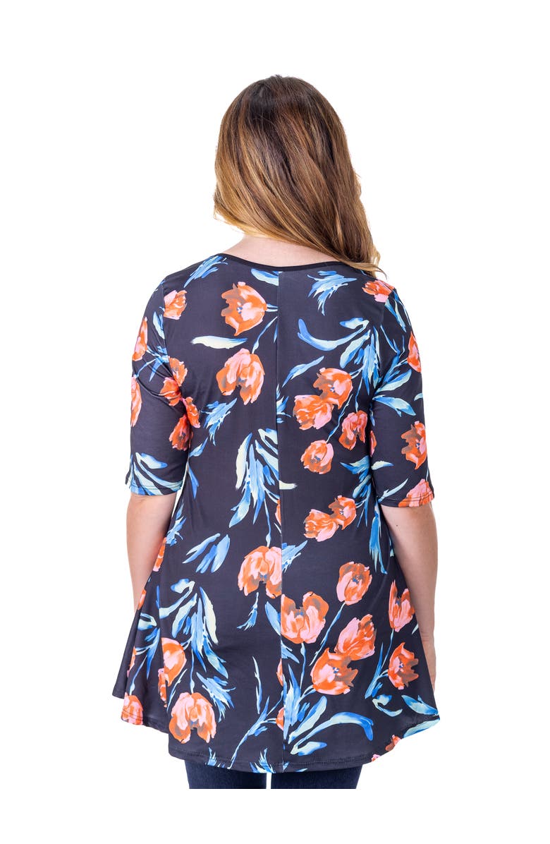 24seven Comfort Apparel Tulip Print Elbow Sleeve Casual Tunic Top, Alternate, color, Navy Multi