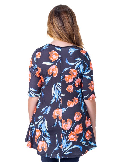 24seven Comfort Apparel Tulip Print Elbow Sleeve Casual Tunic Top In Multi