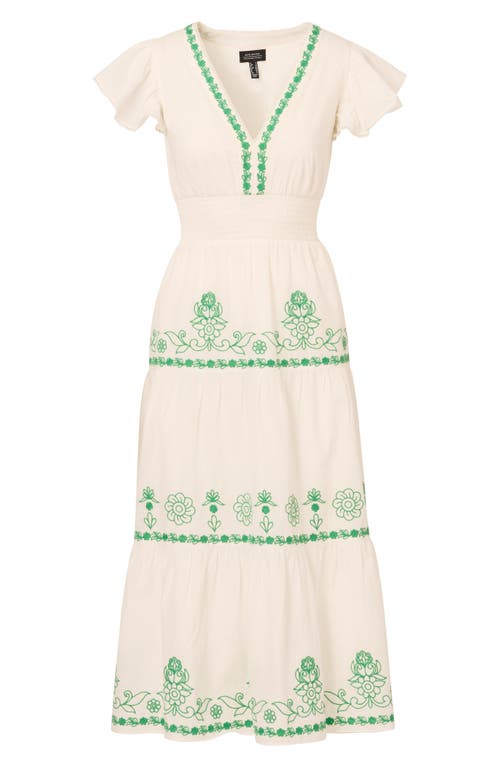 Adrianna Papell Embroidered Smocked Waist Cotton Maxi Dress In Ivory/green Multi