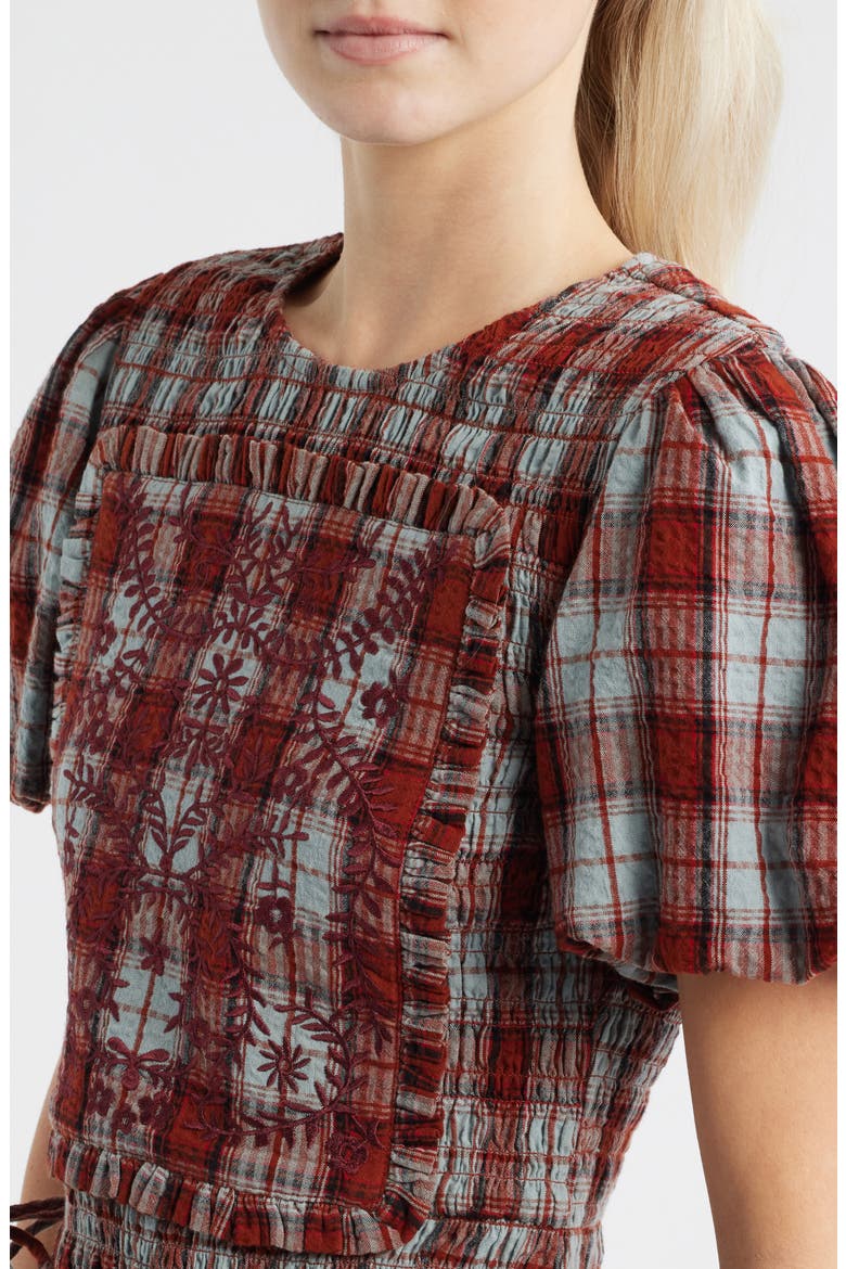 Audrey Plaid Smocked Puff Sleeve Organic Cotton Top, Alternate, color, RED/ GREY