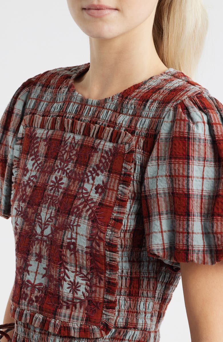 Damson Madder Audrey Plaid Smocked Puff Sleeve Organic Cotton Top, Alternate, color, Red/ Grey