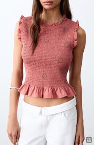 MANGO TEEN Beaded Smocked Ruffle Trim Tank
