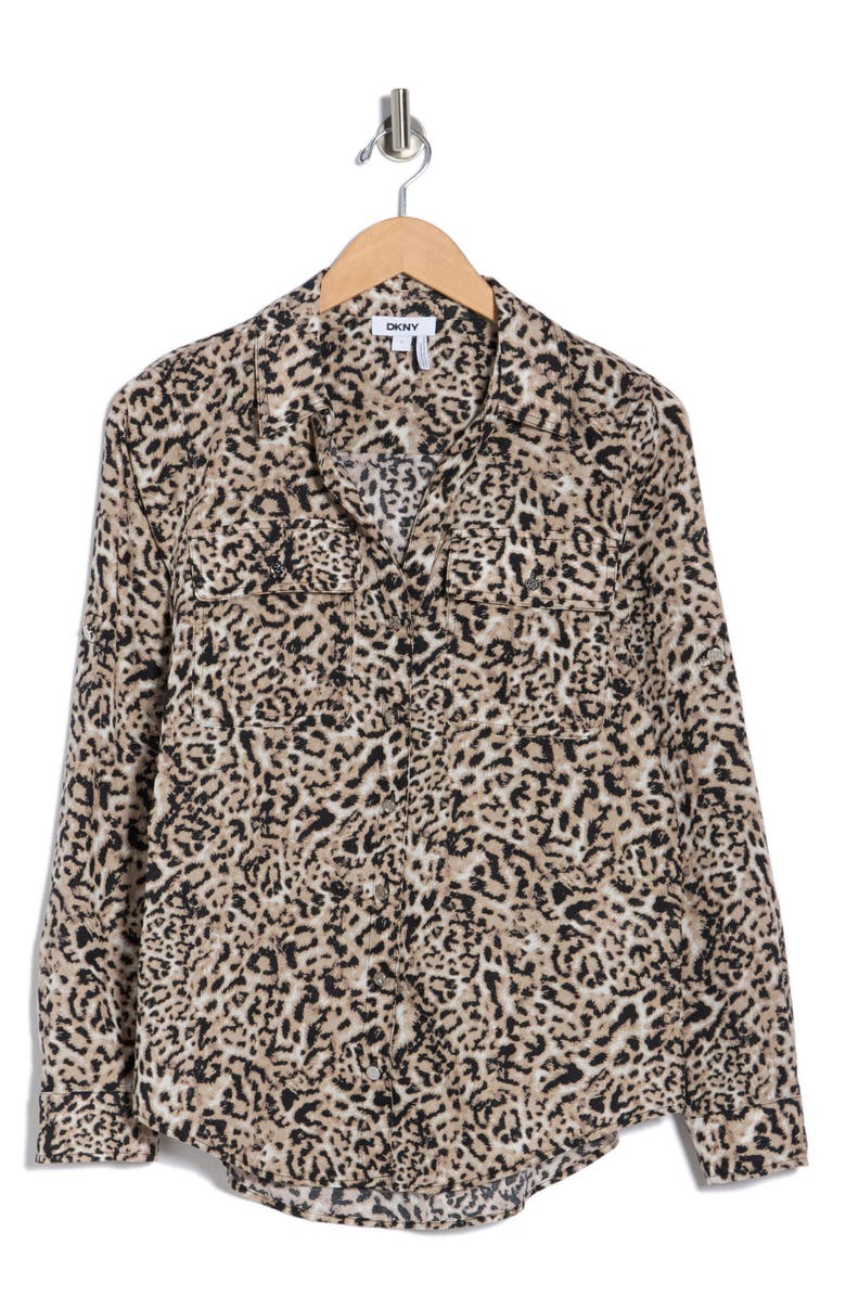 DKNY Abstract Print Roll Sleeve Button-Up Shirt, Main, color, 