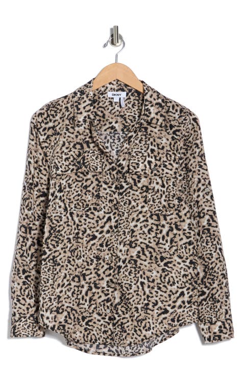 Abstract Print Roll Sleeve Button-Up Shirt