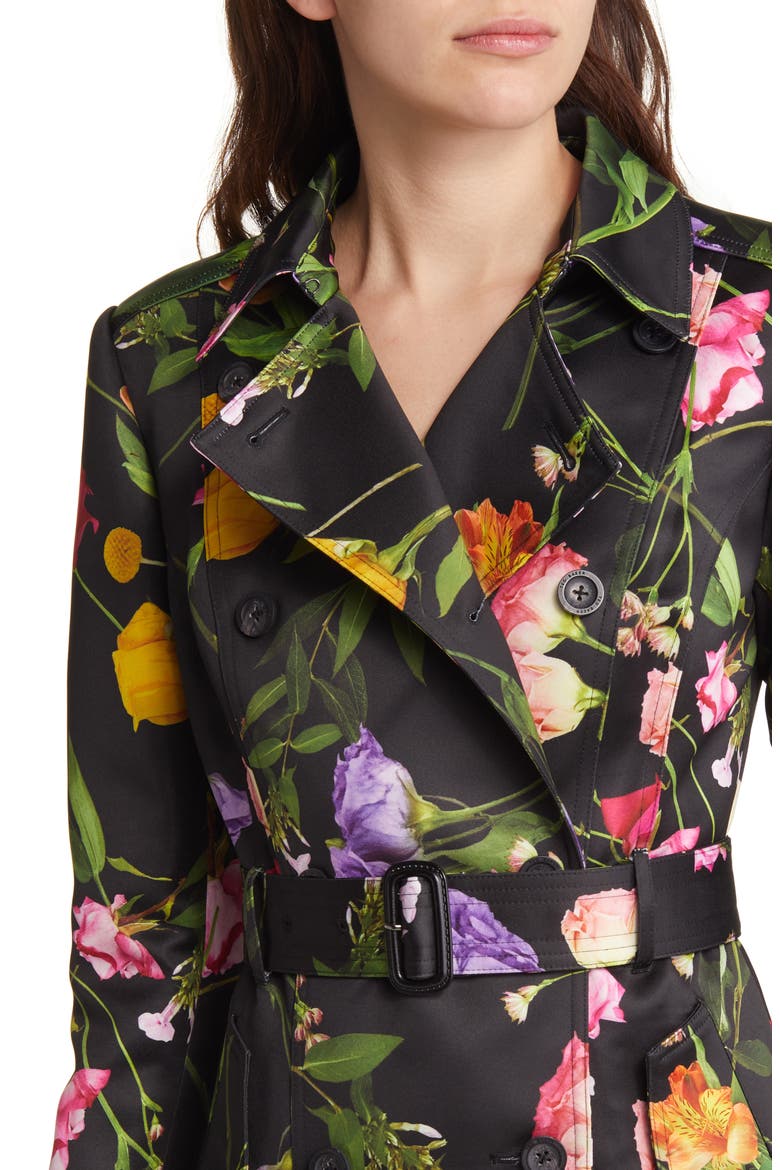 Moiraa Floral Double Breasted Trench Coat, Alternate, color, BLACK