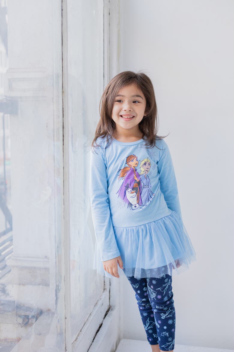 Frozen Tulle Peplum Top And Leggings Set (toddler, Little Kid & Big Kid), Alternate, color, Elsa Anna Light Blue