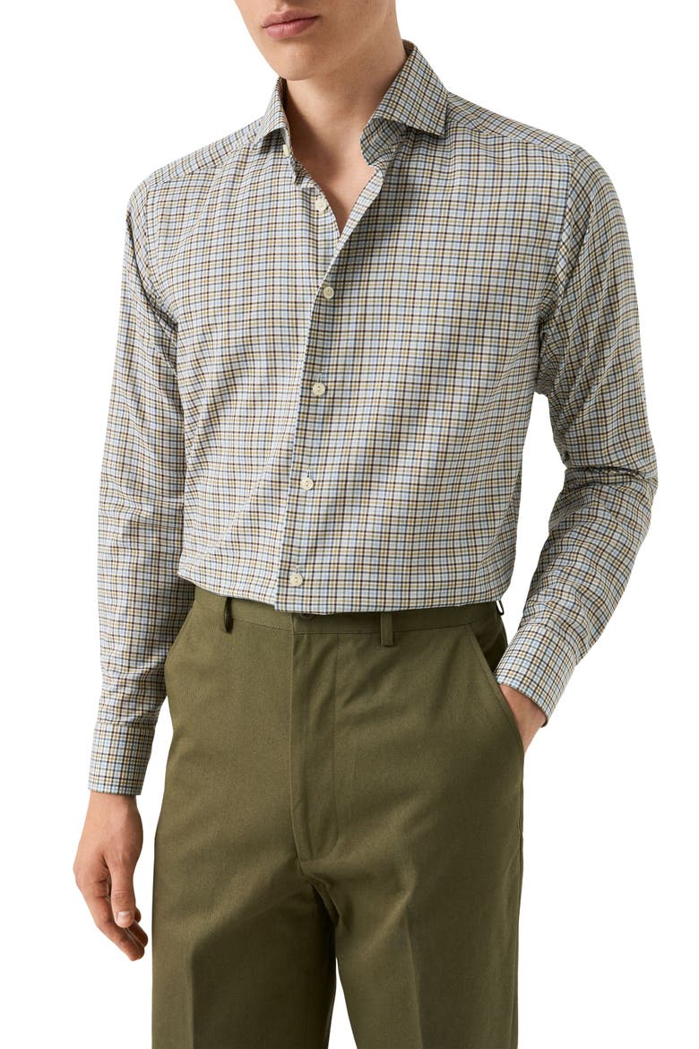 Contemporary Fit Mixed Check Cotton Flannel Dress Shirt, Main, color, BLUE/ BROWN MULTI