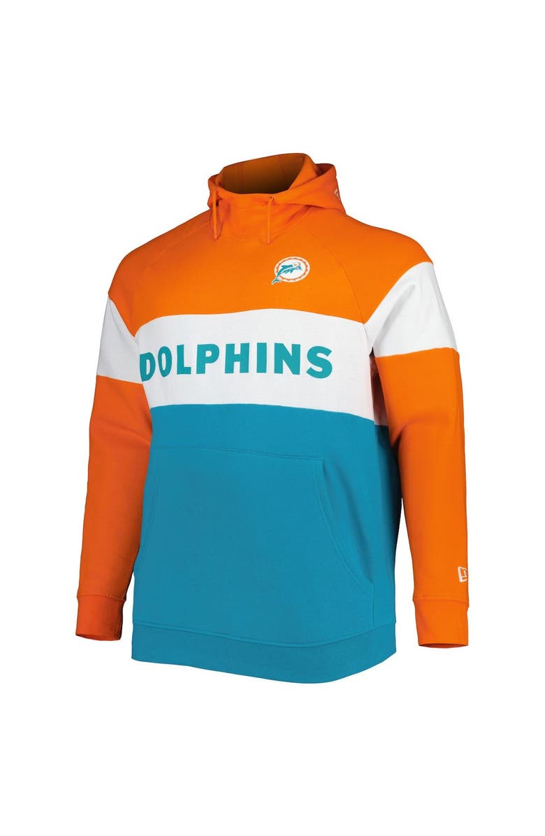 New Era Men's New Era Orange/Aqua Miami Dolphins Big & Tall Throwback Colorblock Fleece Raglan Pullover Hoodie, Alternate, color,