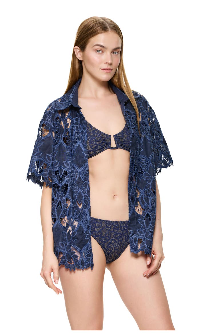 Guipure Lace Short Sleeve Button Down Shirt Cover-Up, Alternate, color, Navy