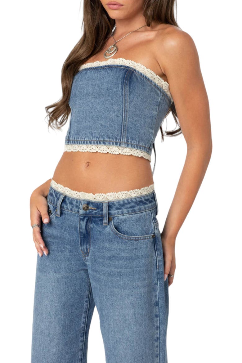 Karlie Lace Trim Denim Tube Top, Alternate, color, BLUE