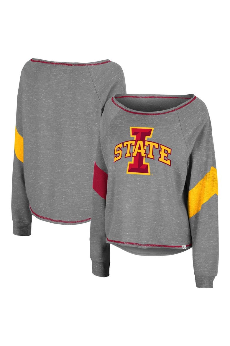 Women's Colosseum Heather Gray Iowa State Cyclones Amped Chevron Stripe Raglan Boat Neck Pullover Sweatshirt, Main, color, Heather Gray