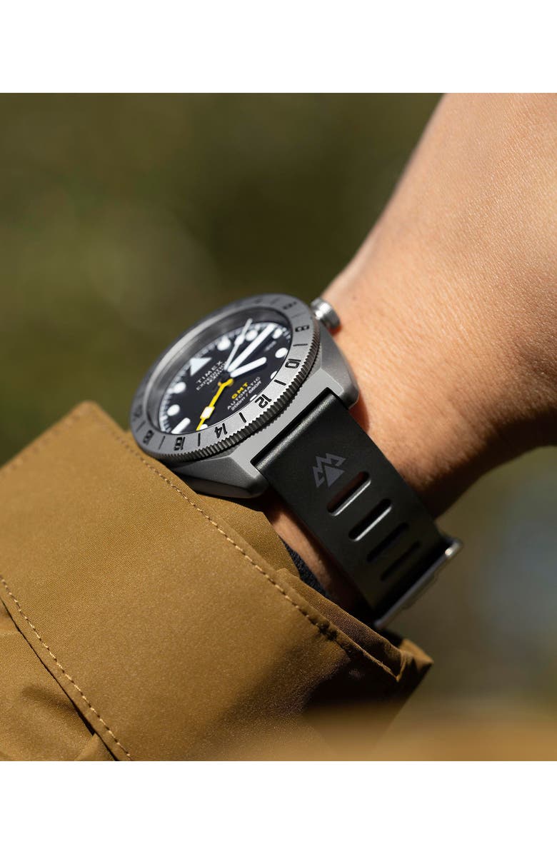 Timex<sup>®</sup> Expedition North<sup>®</sup> GMT Titanium Automatic Silicone Strap Watch, 41mm, Alternate, color, Black