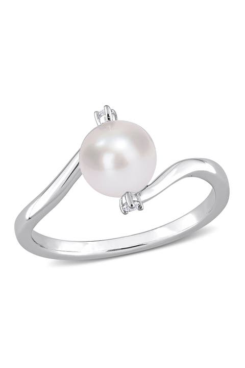 Sterling Silver 7–7.5mm Cultured Freshwater Pearl & Lab Created White Sapphire Ring
