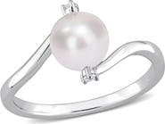DELMAR Sterling Silver 7–7.5mm Cultured Freshwater Pearl & Lab Created White Sapphire Ring
