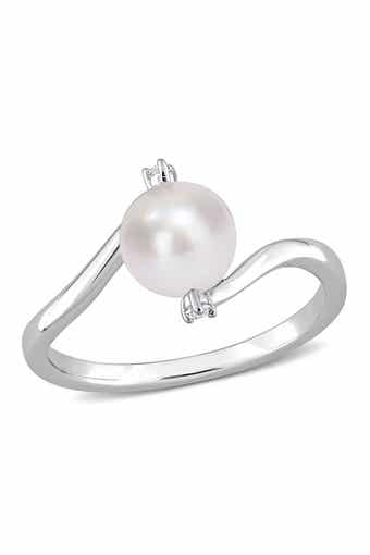 DELMAR Sterling Silver 7–7.5mm Cultured Freshwater Pearl & Lab Created White Sapphire Ring