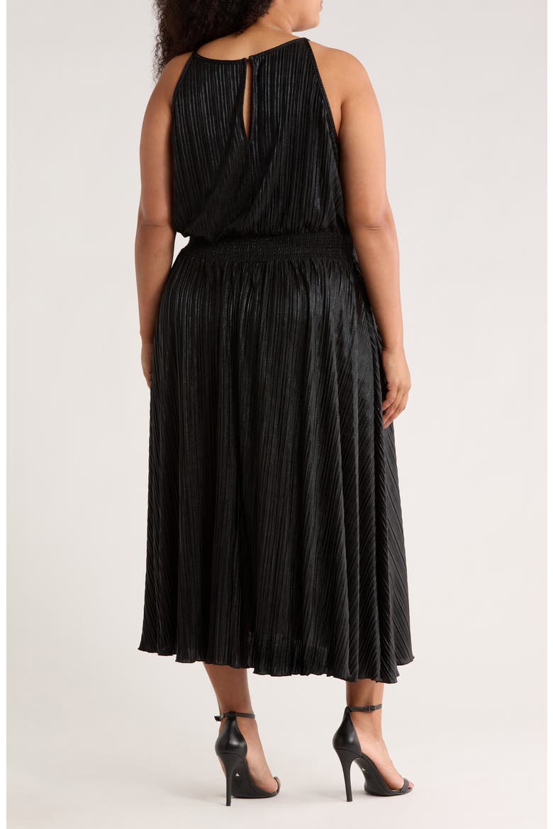 Rosette Sleeveless Foil Pleated Dress, Alternate, color, BLACK