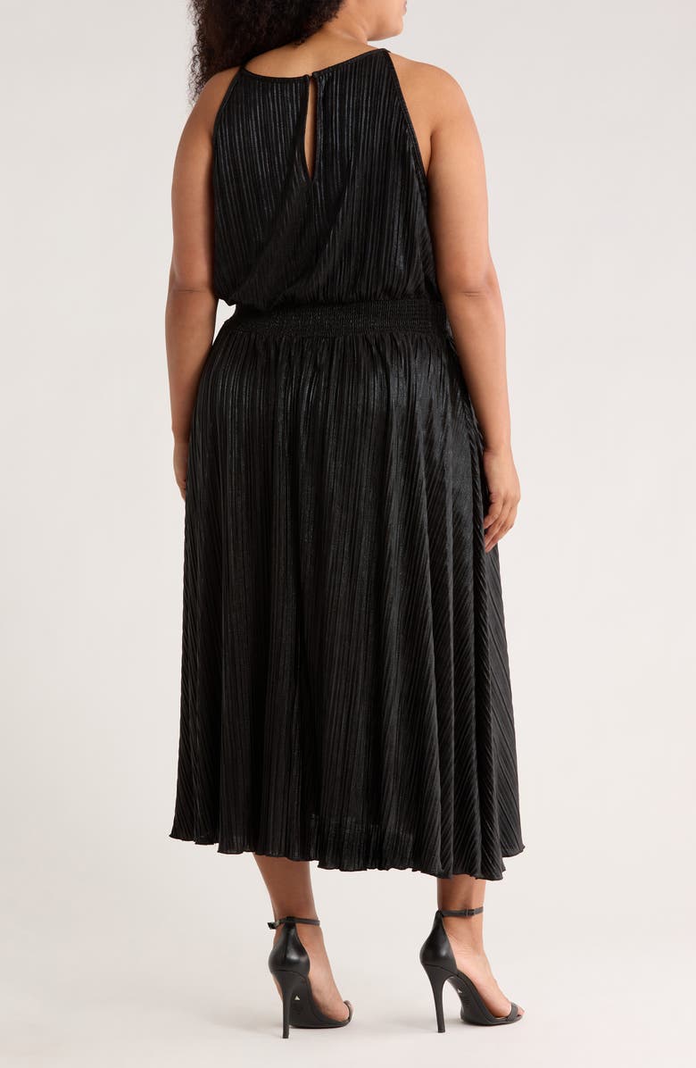 Oleg Cassini Rosette Sleeveless Foil Pleated Dress, Alternate, color, Black