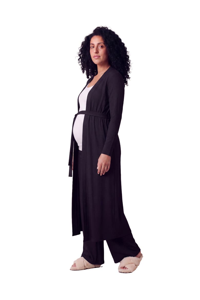 Maternity Basic Long Sleeve Tie Waist Soft Jacket and Elastic Waist Wide Leg Pant Set, Alternate, color, Black