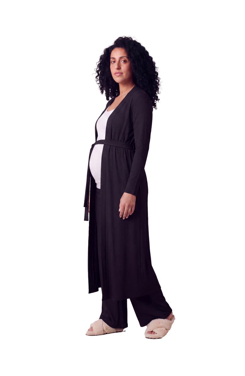 24seven Comfort Apparel Maternity Basic Long Sleeve Tie Waist Soft Jacket and Elastic Waist Wide Leg Pant Set, Alternate, color, Black