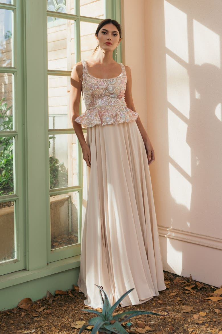 Women's Embroidered Peplum Top With Chiffon Skirt Gown, Alternate, color, Champagne