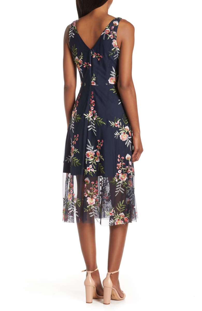 Vince Camuto Floral Embroidered Mesh Midi Dress, Alternate, color,