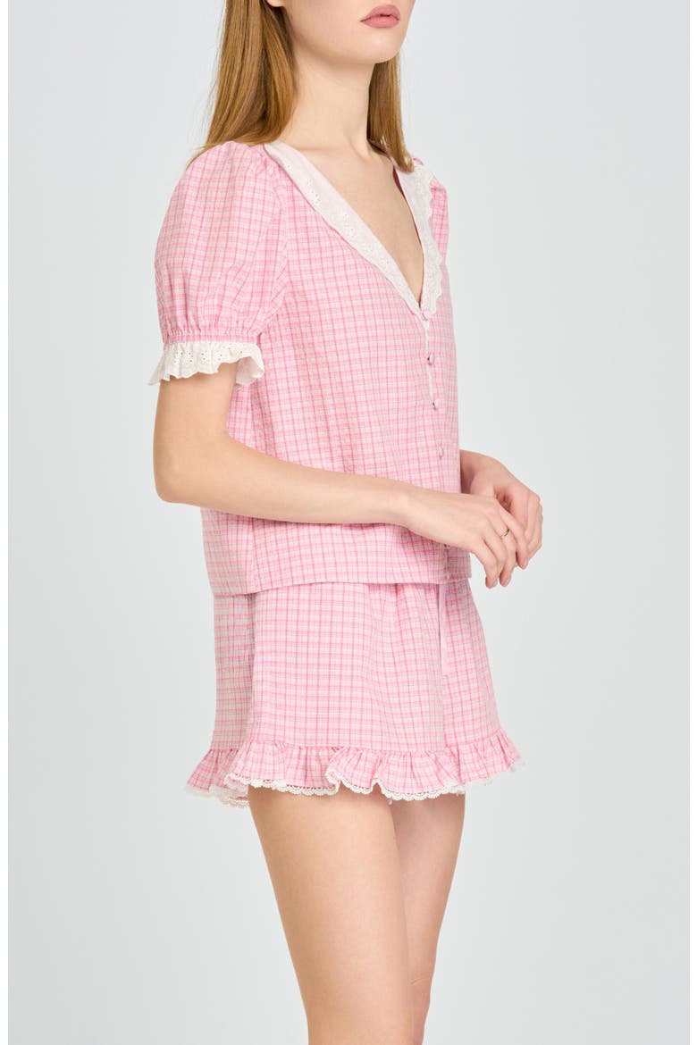 Emma Eyelet Trim Plaid Button-Up Top, Alternate, color, PINK