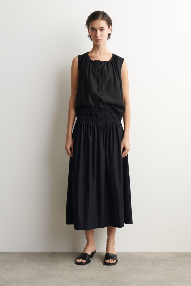 Ruched-waist Midi Skirt, Alternate, color, BLACK