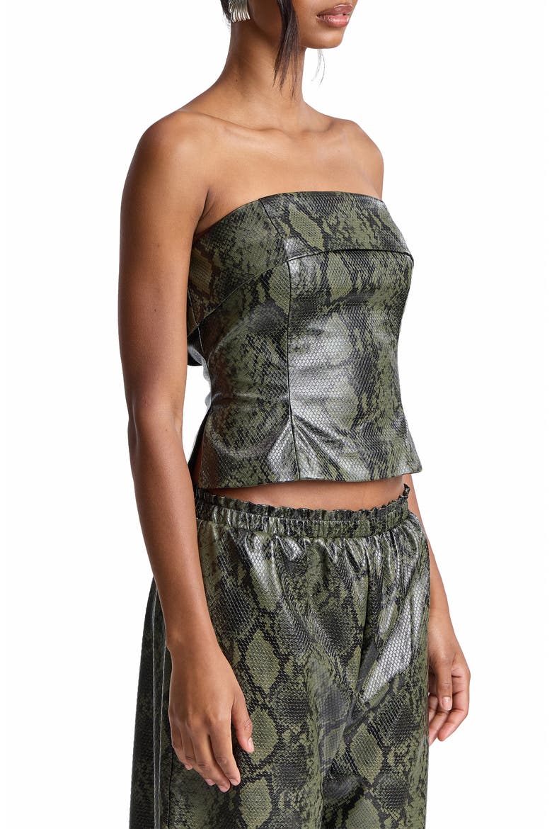 Python Print Faux Leather Strapless Top, Alternate, color, GREEN PYTHON
