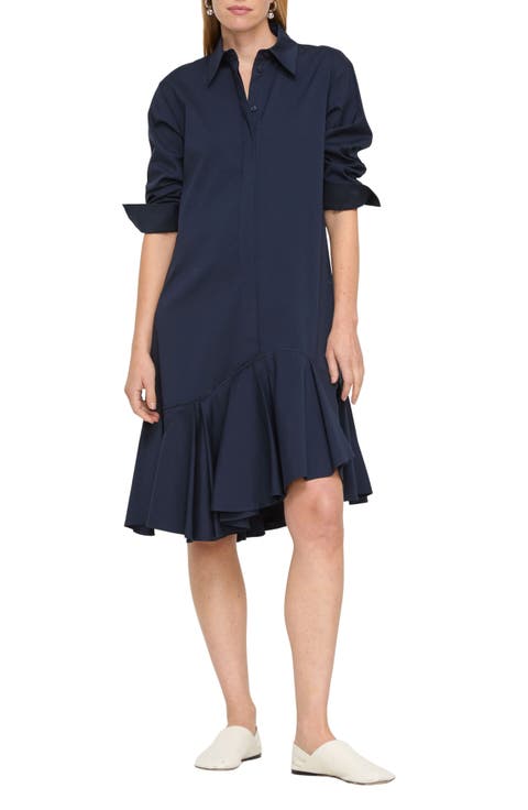 Long Sleeve Stretch Cotton Blend Asymmetric Shirtdress