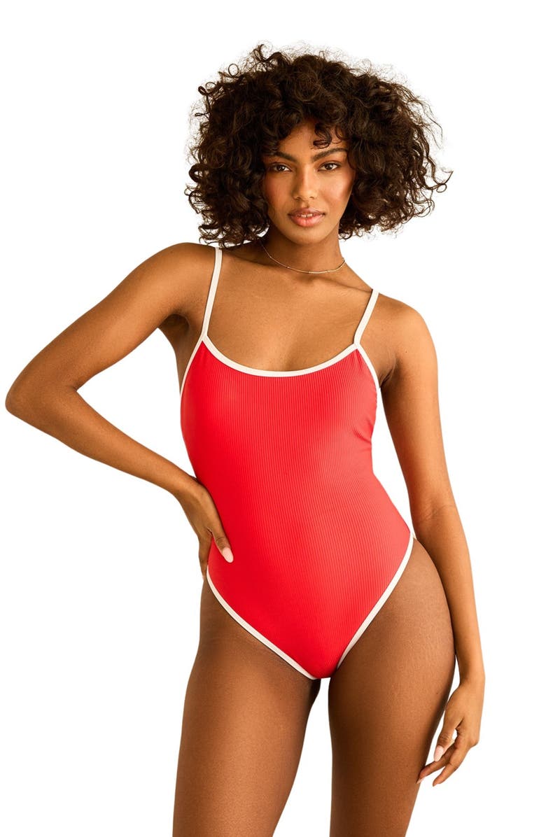 Dippin Daisys Star Scoop Neckline One Piece, Main, color, Poppy/White Rib