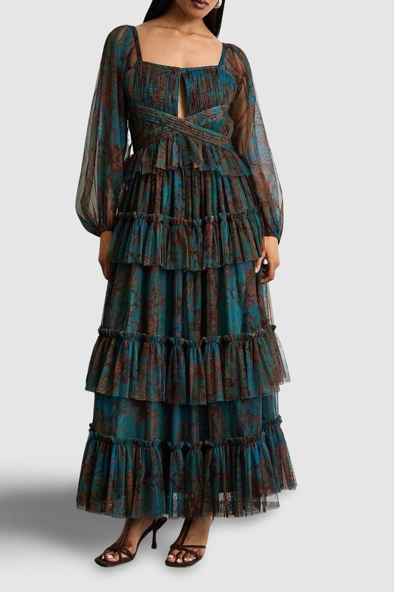 Abstract Print Cut Out Maxi Dress, Alternate, color, Blue
