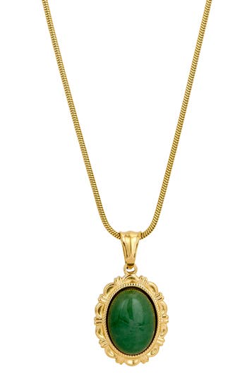 Savvy Cie Jewels Gold Plated Oval Green Aventurine Pendant With Snake Chain In Gold