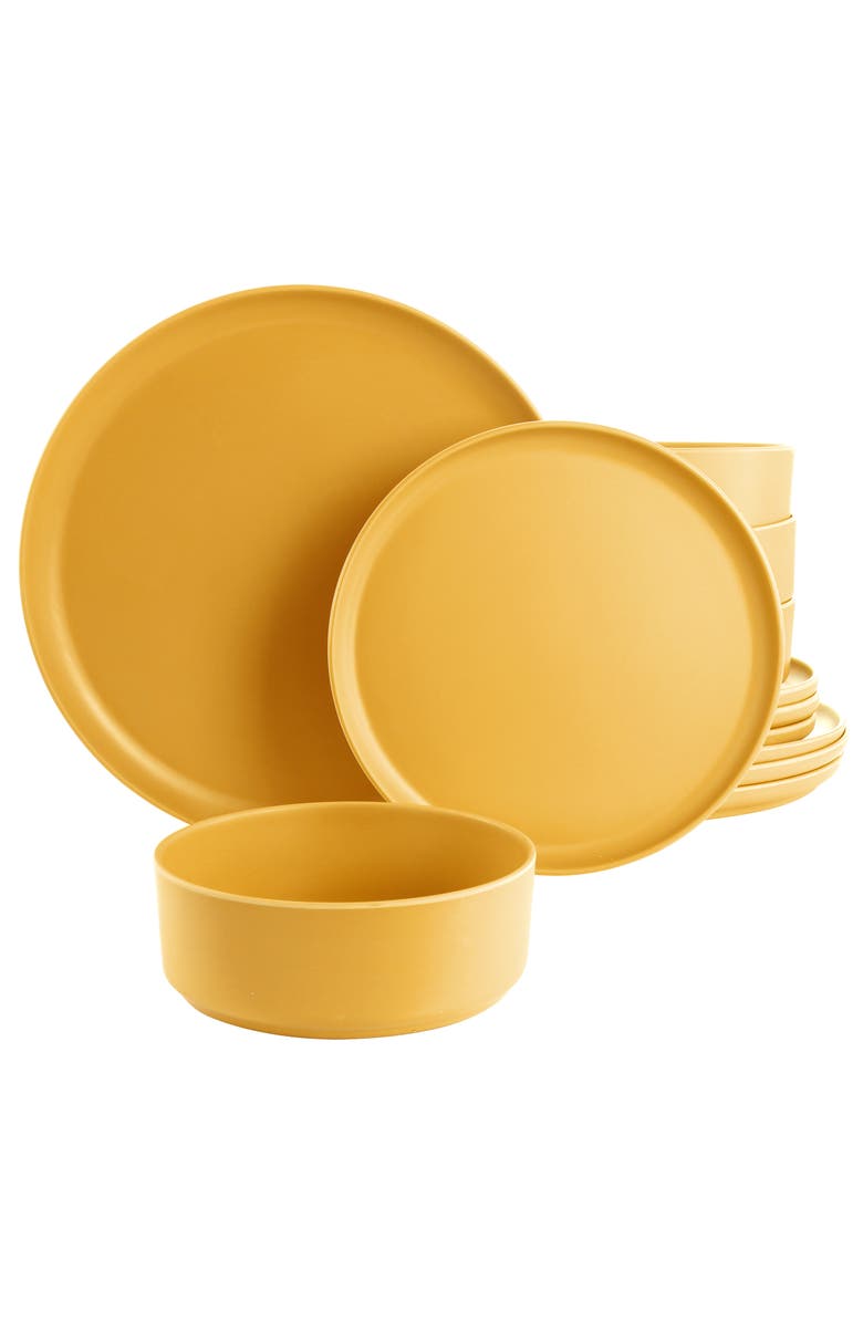 Gibson Home Canyon Crest 12 Piece Round Melamine Dinnerware Set, Main, color, Yellow