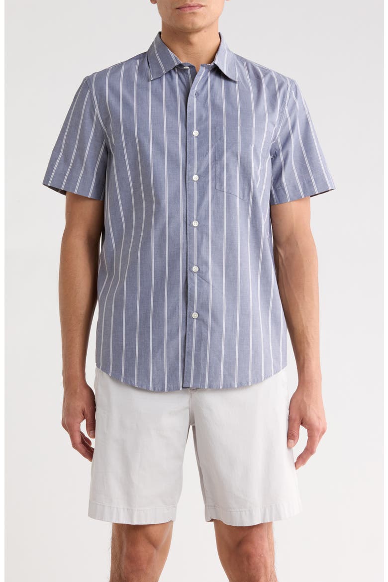 Cotton Poplin Short Sleeve Button-Up Shirt, Main, color, NAVY BAND STRIPE