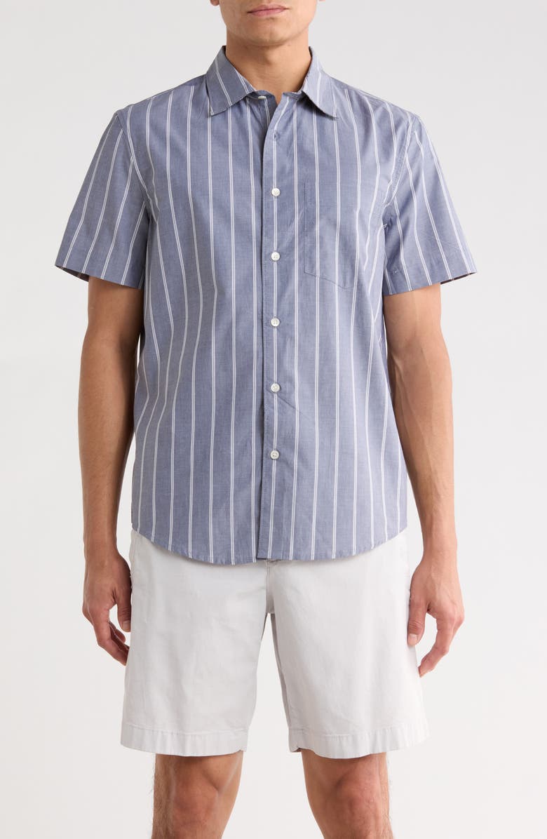 Nordstrom Cotton Poplin Short Sleeve Button-Up Shirt, Main, color, Navy Band Stripe