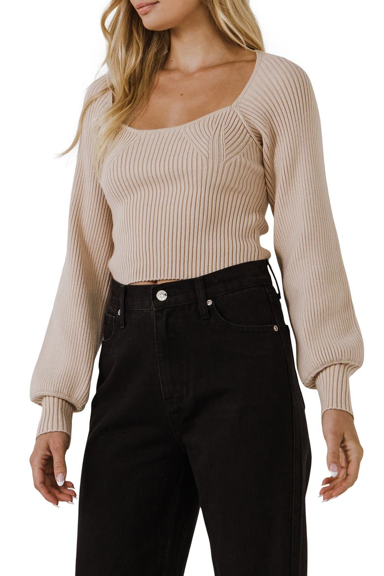 Ribbed Bishop Sleeve Top, Alternate, color, BEIGE