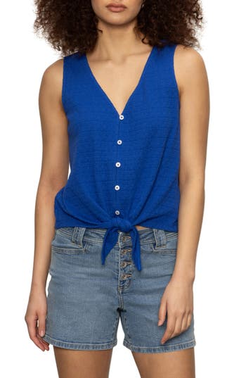 Sanctuary Vacation Textured Tie Front Button-up Tank In Blue