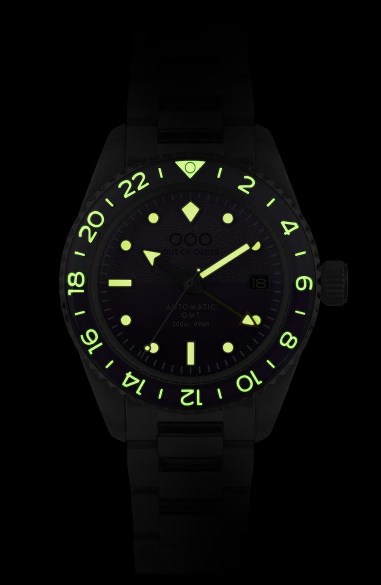 OUT OF ORDER Shaker Automatic GMT Ultra Brushed Bracelet Watch, 40mm, Alternate, color, Dark Violet