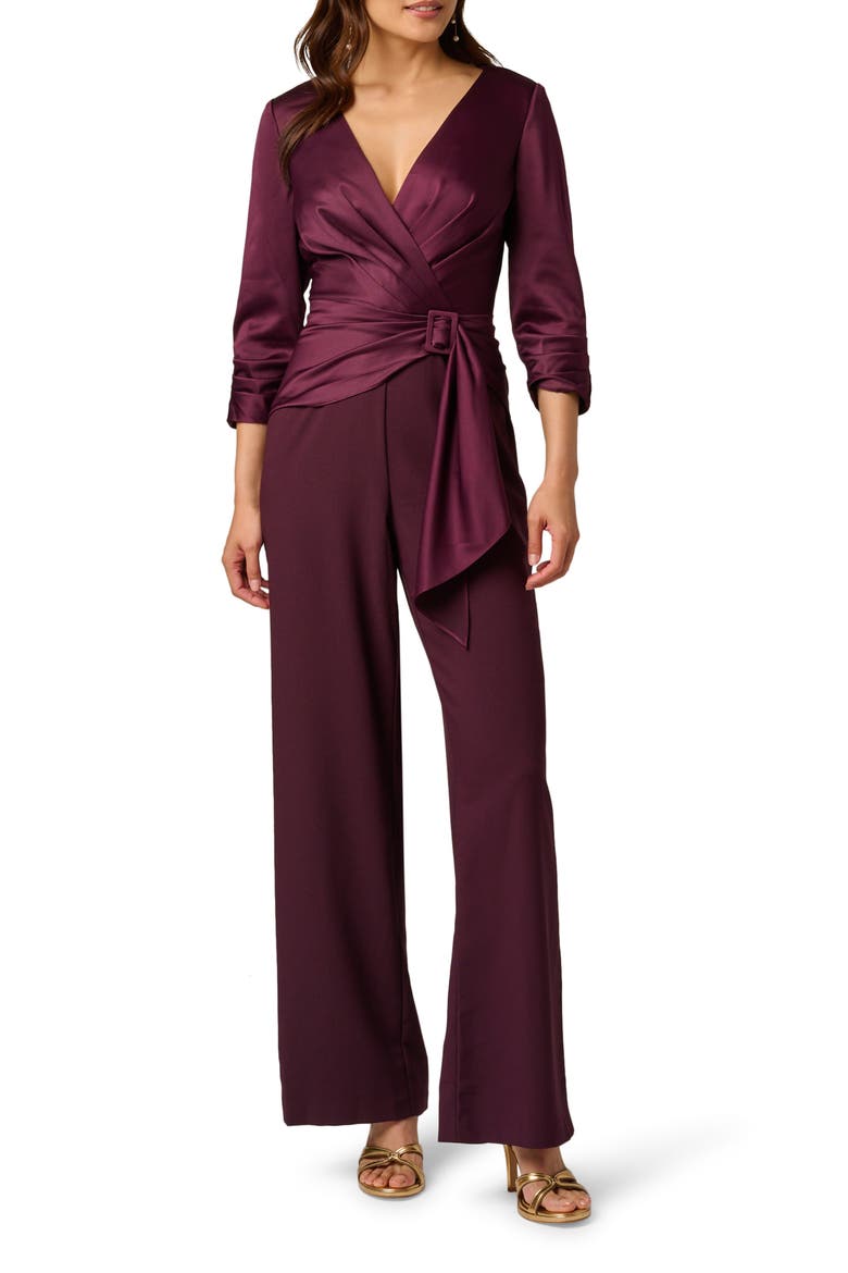 Belted Wide Leg Satin Crepe Jumpsuit, Main, color, BORDEAUX GLOW