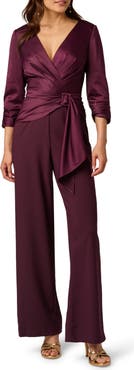 Adrianna Papell Belted Wide Leg Satin Crepe Jumpsuit