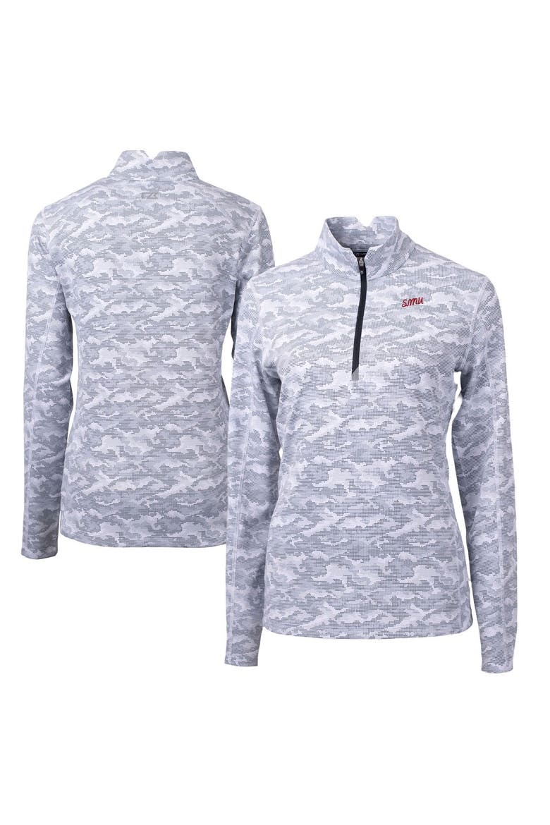 Women's Cutter & Buck  Charcoal SMU Mustangs Vault DryTec Traverse Camo Print Stretch Quarter-Zip Top, Main, color, Charcoal