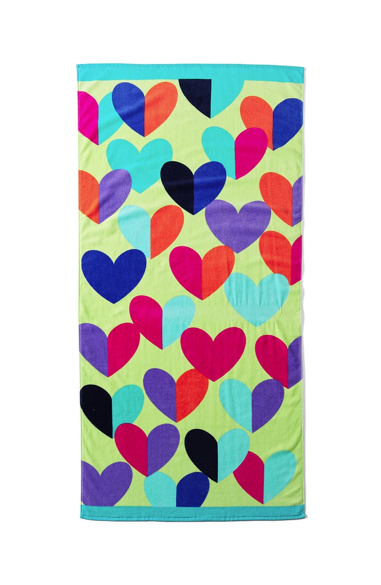 Lands' End Kids Printed Velour Beach Towel, Main, color, Multi Hearts/Green