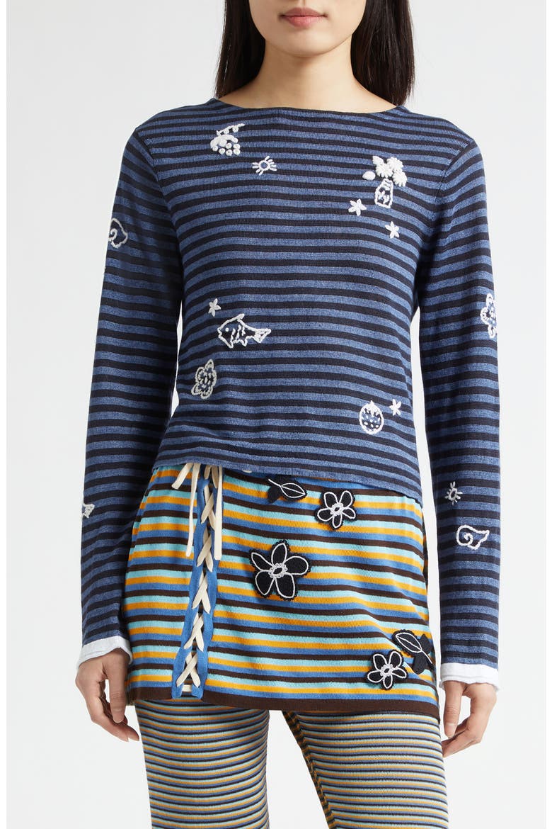Mabo Embroidered Stripe Linen Sweater, Main, color, DENIM/ INK